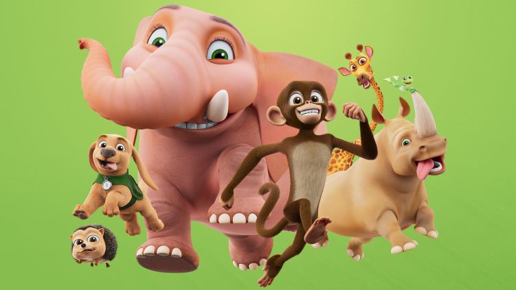 a porcupine, dog, elephant, monkey, giraffe, rhinoceros and frog all running and smiling