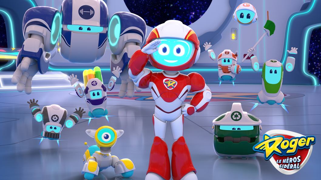 Un robot gentil, vêtu d'un costume rouge et blanc et doté d'un visage bleu, se tient à l'intérieur d'un vaisseau spatial entouré de petits et de gros robots.